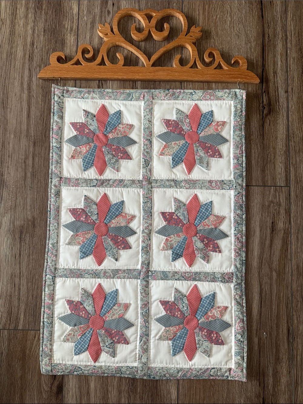 Floral Patchwork Quilt Wall Hanging in Pink, Blue & Cream